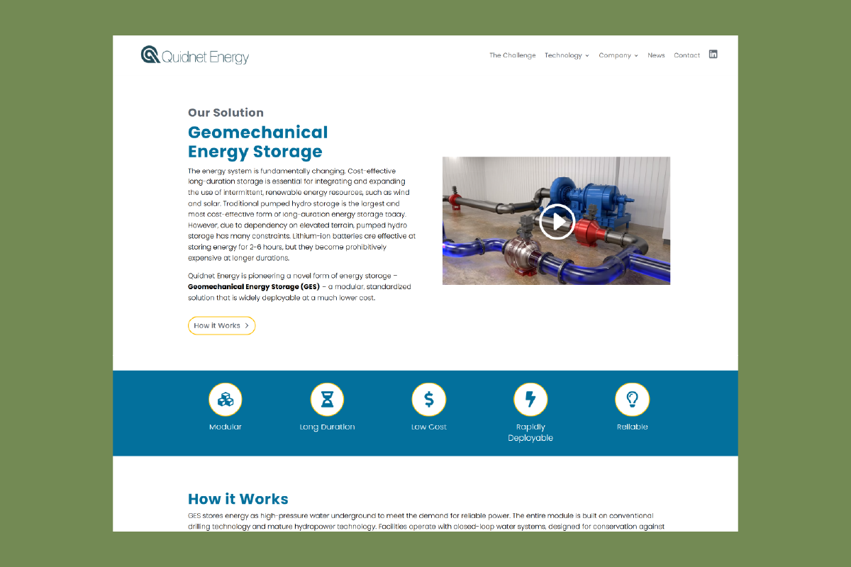 Quidnet Energy website refresh screenshot showing the technology page