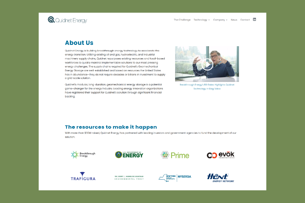 Quidnet Energy website refresh screenshot showing the about page