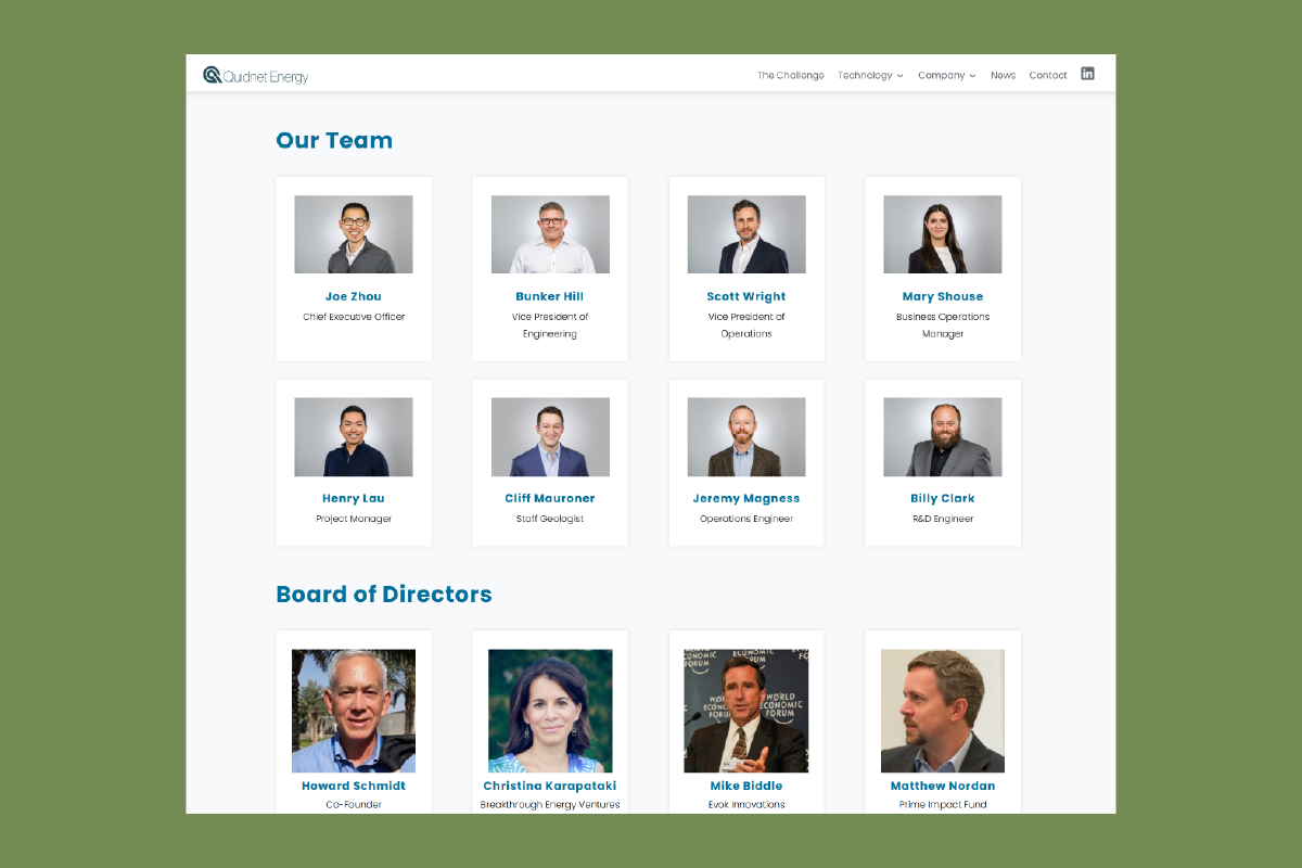 Quidnet Energy website refresh screenshot showing the team page