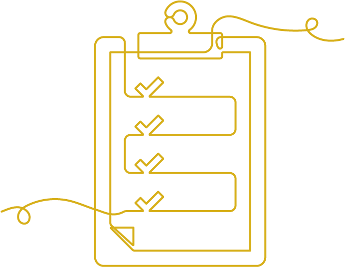 Single line drawing of a clipboard with check marks on it.